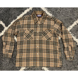 Vtg Pendleton Board Shirt Loop Collar Plaid Virgin Wool Made In USA Men Sz L